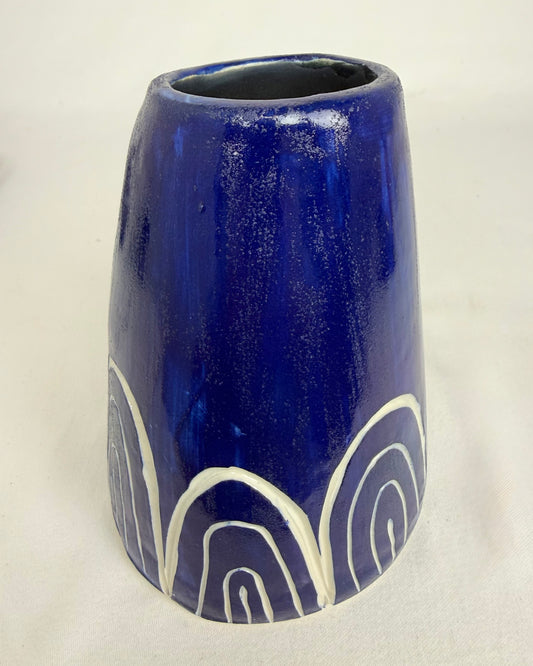 Blue Vase with White Rainbow Border